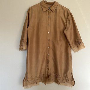 Vintage 100% Silk embroided tunic blouse size XL gold beige color